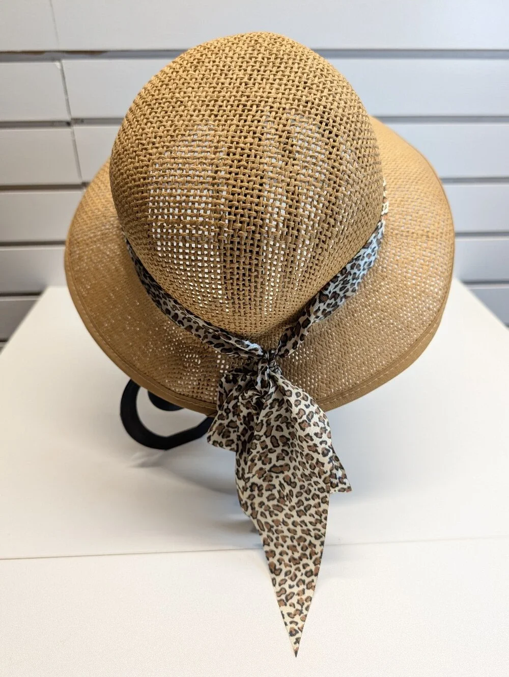 Vintage Nicole Marciano 100%Straw Hat With Leopard Scarf EUC